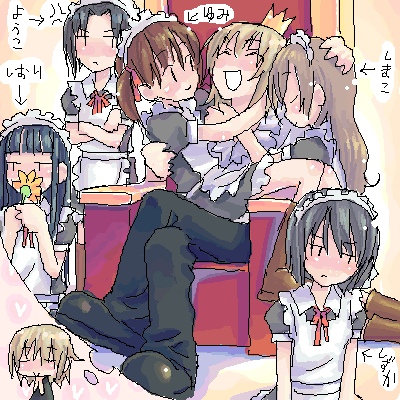 fukuzawa yumi, hasekura rei, kanina shizuka, kubo shiori, mizuno youko, satou sei, toudou shimako, maria-sama ga miteru, lowres, translated, 00s, 6+girls, bonnet, everyone, harem, imagining, maid, maid headdress, multiple girls, oekaki, yuri