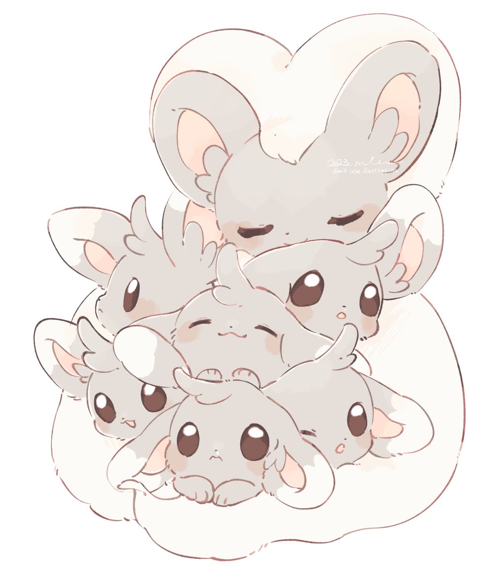 mkt (buizu-miki), cinccino, minccino, nintendo, pokemon, commentary request, blush, brown eyes, closed eyes, closed mouth, dated, evolutionary line, gen 5 pokemon, no humans, open mouth, pokemon (creature), pokemon focus, simple background, smile, snot, white background