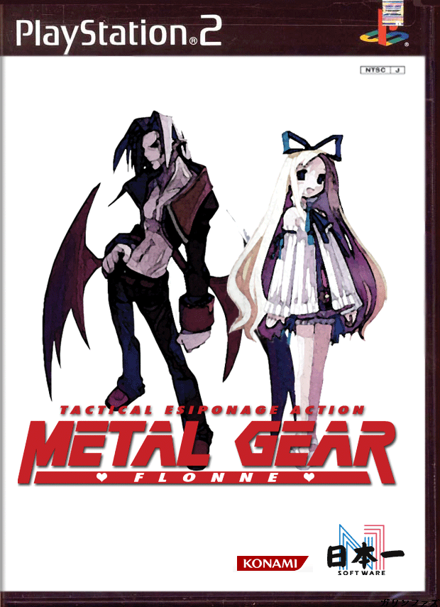 flonne, mid-boss, mid-boss (disgaea), mid boss, 4chan, disgaea, metal gear (series), metal gear solid, nippon ichi, 1boy, 1girl, abs, bow, coat, cover, demon wings, full body, hair bow, hand on own hip, legs, long hair, looking at viewer, parody, smile, standing, very long hair, video game, video game cover, wings