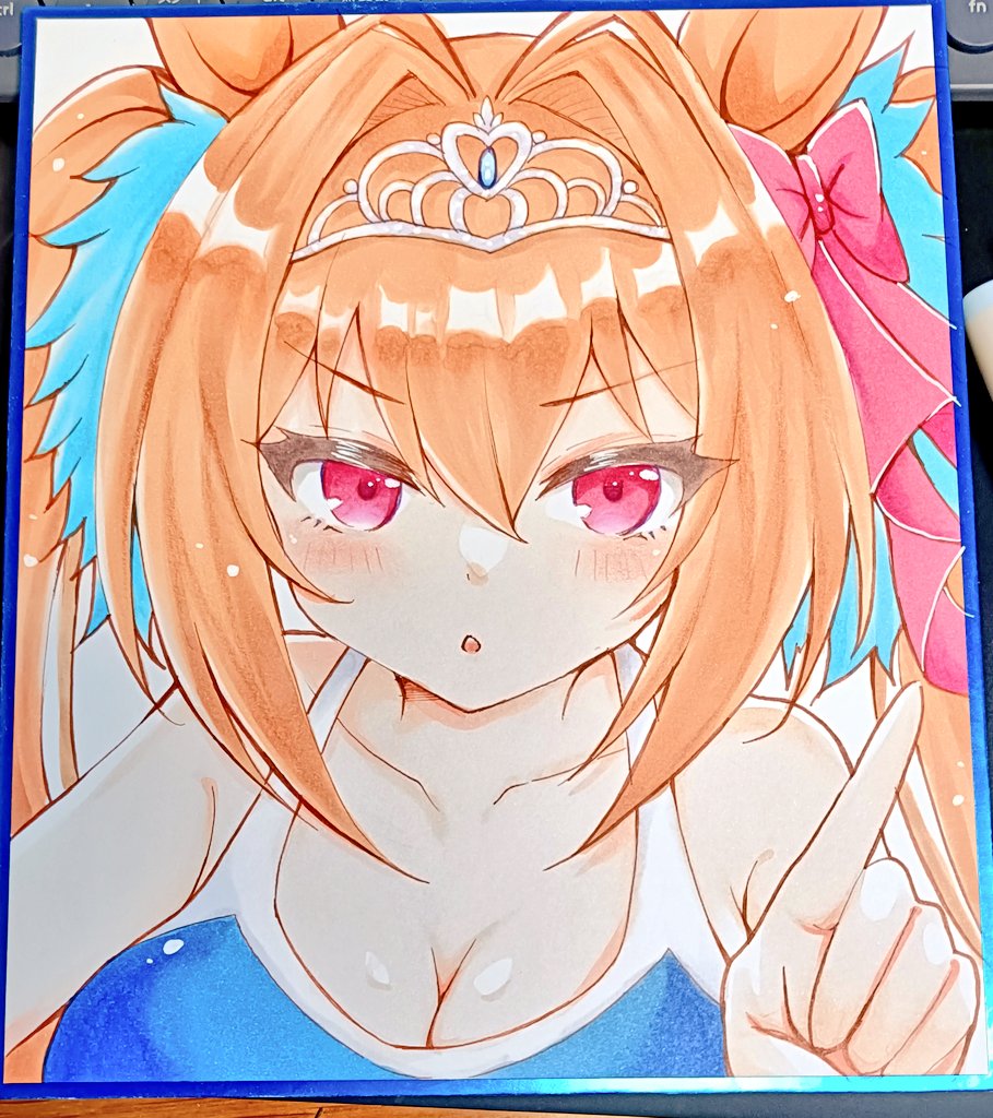terimuku, daiwa scarlet (umamusume), umamusume, commentary request, photo (medium), traditional media, 1girl, :o, animal ears, bare shoulders, blue one-piece swimsuit, bow, breasts, brown hair, cleavage, collarbone, hair between eyes, hair bow, hair intakes, hand up, horse ears, index finger raised, large breasts, long hair, looking at viewer, one-piece swimsuit, parted lips, red bow, red eyes, shikishi, solo, swimsuit, tiara, twintails, v-shaped eyebrows
