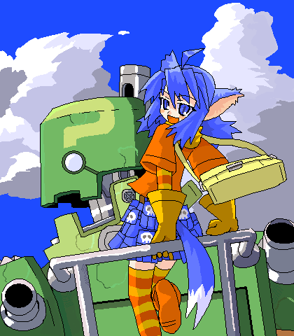 yuel (summon night), summon night, summon night 2, multicolored legwear, lowres, 1girl, ahoge, animal ears, bag, blue eyes, blue hair, female focus, gloves, handbag, long sleeves, matching hair/eyes, open mouth, skirt, solo, striped clothes, striped thighhighs, tail, thighhighs