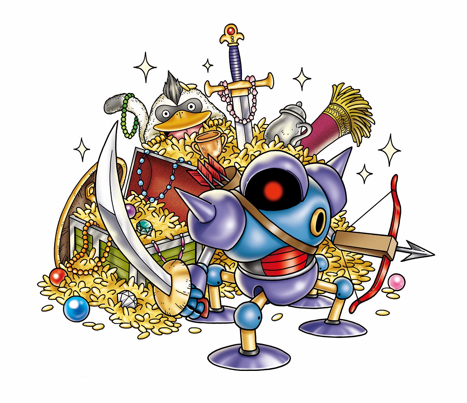 murakami yumiko, killing machine (dragon quest), platypunk, dragon quest, commentary request, highres, official art, asymmetrical dual wielding, bead necklace, beads, bow (weapon), coin, creature, creature focus, crossbow, diamond (gemstone), dual wielding, gold coin, holding, holding sword, holding weapon, jewelry, kettle, necklace, no humans, orb, quiver, robot, shield, sparkle, sword, treasure, treasure chest, weapon, white background, white fur