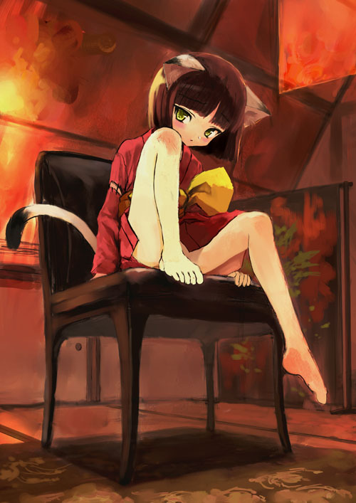 sasahara yuuki, 1girl, animal ears, barefoot, cat ears, cat tail, chair, feet, female focus, flat chest, full body, green eyes, japanese clothes, loli, on chair, plantar flexion, solo, tail