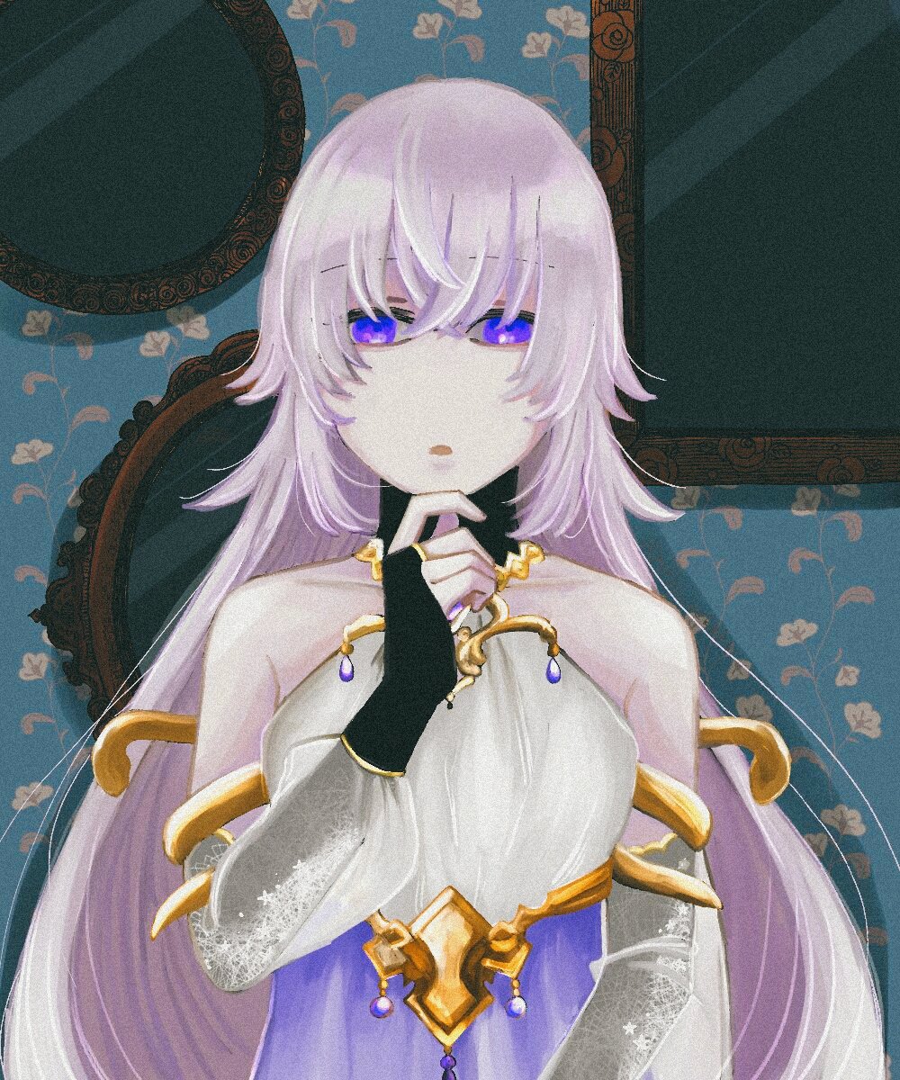 magic mirror (grimms notes), grimms notes, protected link, 1girl, breasts, cleavage cutout, clothing cutout, hand up, looking at viewer, purple hair, solo, upper body, yukki oekaki