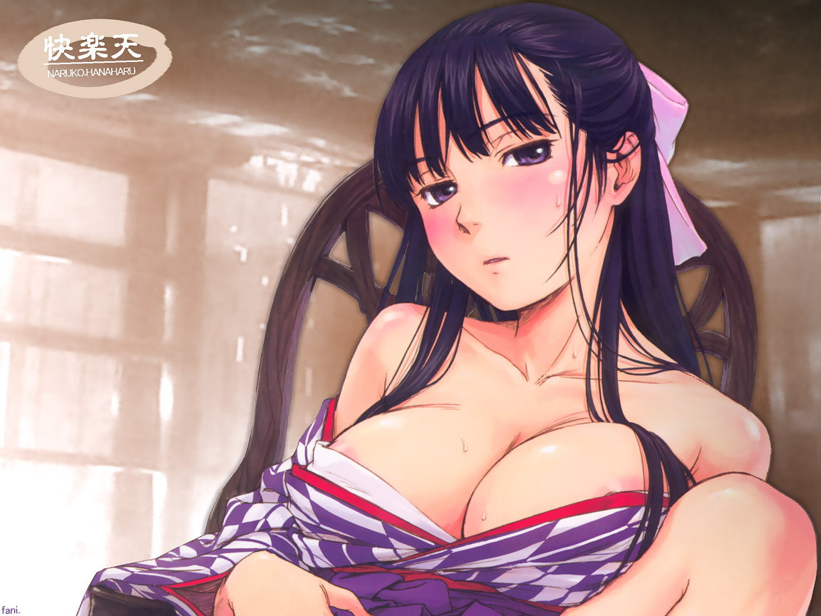 naruko hanaharu, original, scan, 1girl, areola slip, bare shoulders, black hair, bow, breast press, breasts, cleavage, female focus, japanese clothes, kimono, large breasts, leg lift, long hair, nipple slip, nipples, pink bow, purple eyes, solo, sweat, yagasuri, yukata