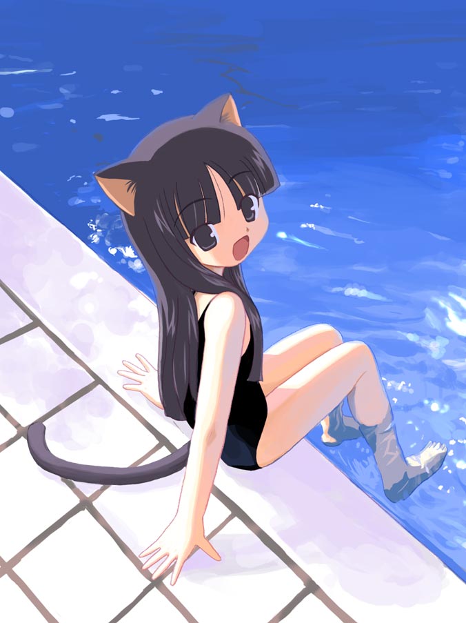 houmitsu, original, 1girl, :d, animal ears, arm support, barefoot, black hair, black one-piece swimsuit, cat ears, cat girl, cat tail, child, female focus, from above, looking at viewer, one-piece swimsuit, open mouth, pool, poolside, school swimsuit, sitting, smile, soaking feet, solo, swimsuit, tail, water