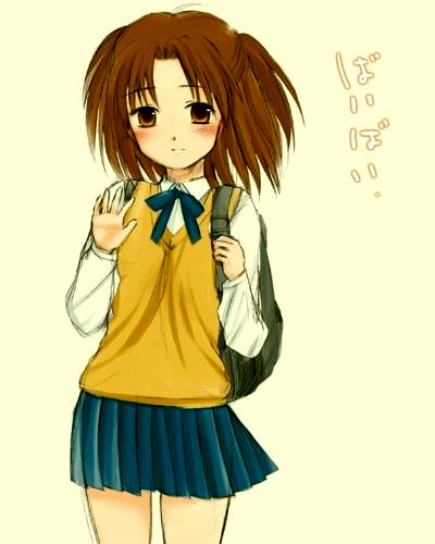 yumizuka satsuki, tsukihime, lowres, 00s, 1girl, backpack, bag, blue skirt, blush, brown eyes, brown hair, female focus, long sleeves, pleated skirt, randoseru, school uniform, serafuku, skirt, solo, sweater, waving