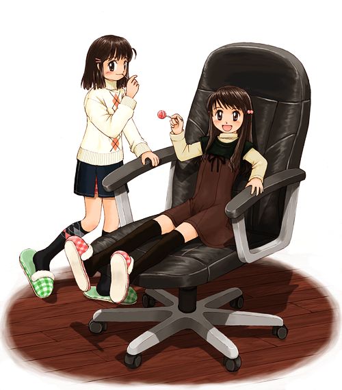 amta, gozenta, original, 2girls, candy, chair, food, hair bobbles, hair ornament, hairclip, lollipop, multiple girls, slippers, sweater