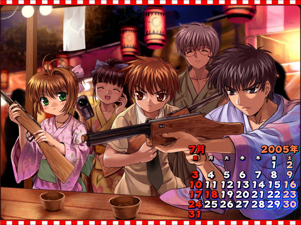 mutsuki (moonknives), daidouji tomoyo, kinomoto sakura, kinomoto touya, li xiaolang, tsukishiro yukito, cardcaptor sakura, kodansha, 00s, 1990s (style), 2005, 2girls, 3boys, amusement park, angry, black eyes, black hair, blush, brown eyes, brown hair, calendar, camera, child, closed eyes, closed mouth, evening, frown, glasses, green eyes, gun, japanese clothes, july, kimono, lantern, laughing, looking afar, looking at another, looking at viewer, looking to the side, multiple boys, multiple girls, obi, open mouth, outdoors, paper lantern, pop gun, retro artstyle, rifle, sash, shirt, shooting gallery, short sleeves, standing, toy, toy gun, weapon, yukata