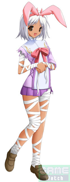 kikuchi seiji, nanashi, nanashi (duel savior), duel savior, 1girl, animal ears, bandaged arm, bandages, black eyes, bow, dark-skinned female, dark skin, fake animal ears, female focus, miniskirt, pleated skirt, rabbit ears, school uniform, serafuku, short hair, skirt, solo, watermark, white hair, zombie