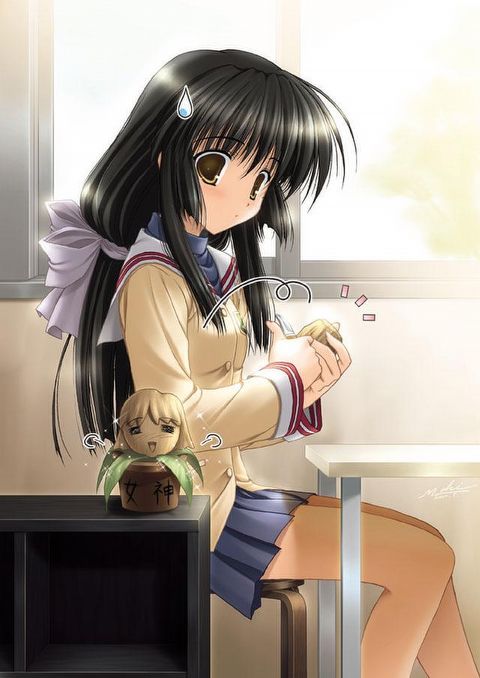 sakaki maki, ibuki fuuko, clannad, 00s, 1girl, female focus, long hair, low-tied long hair, plant, pleated skirt, school uniform, serafuku, sitting, skirt, solo