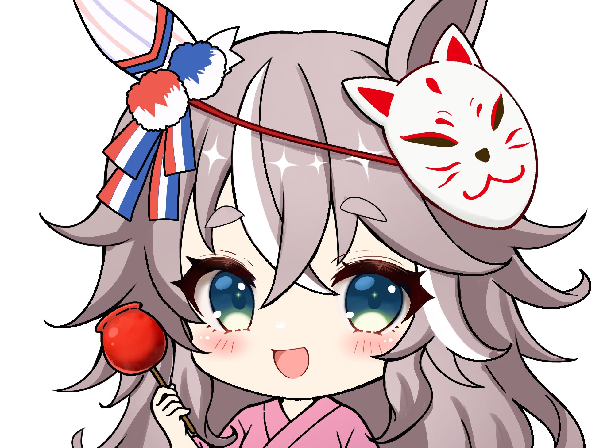 terimuku, wonder acute (umamusume), umamusume, commentary request, highres, 1girl, :d, animal ears, blush, brown hair, candy apple, chibi, food, fox mask, green eyes, hair between eyes, holding, holding food, horse ears, japanese clothes, kimono, long hair, looking at viewer, mask, mask on head, multicolored hair, open mouth, pink kimono, short eyebrows, simple background, smile, solo, streaked hair, thick eyebrows, upper body, white background, white hair