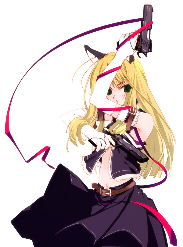 original, 1girl, animal ears, arm up, belt, cat ears, cat girl, dual wielding, female focus, gloves, gun, handgun, hands on own hips, holding, looking at viewer, m1911, navel, pistol, red ribbon, ribbon, simple background, skirt, solo, weapon, white background, white gloves