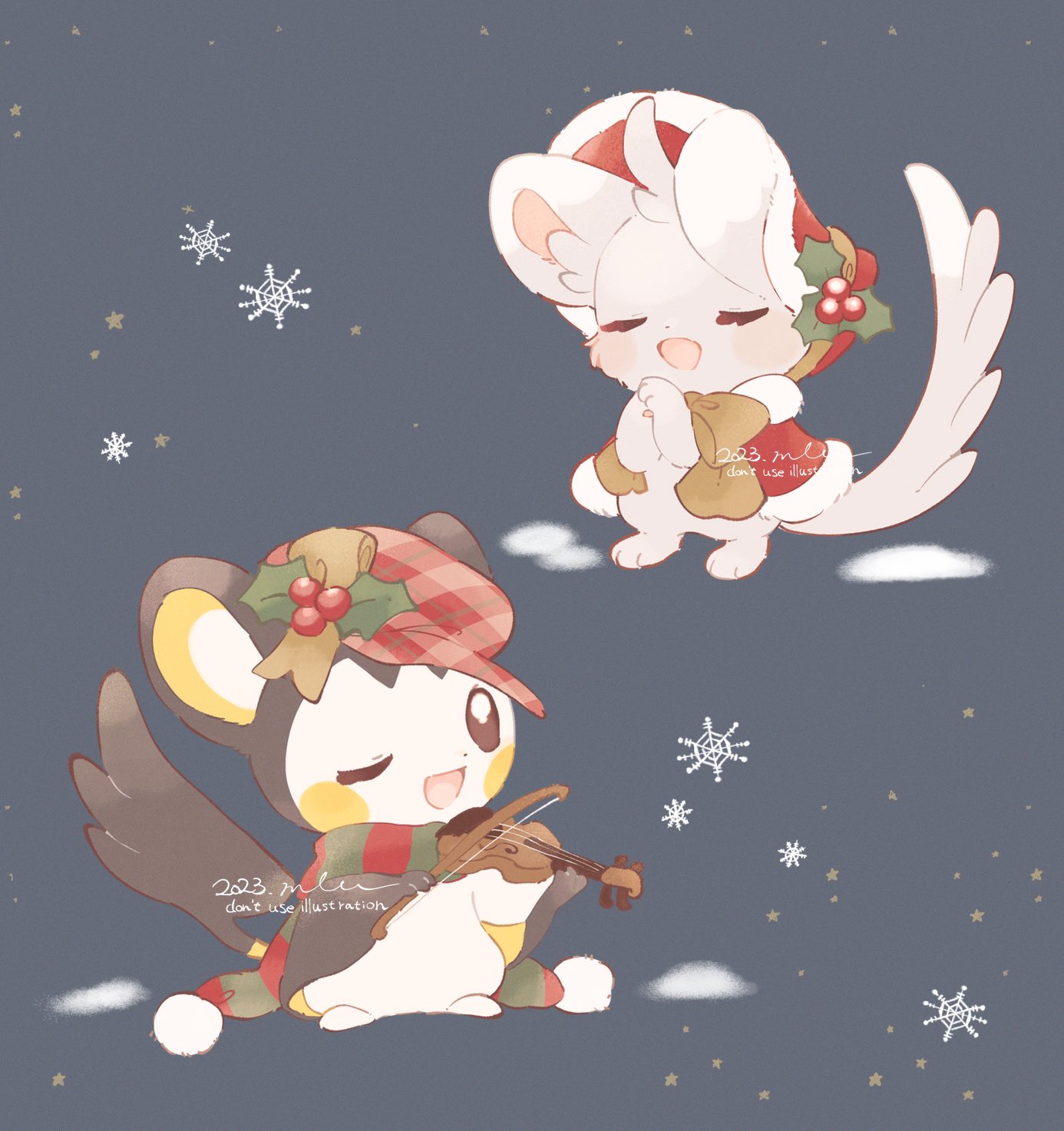 mkt (buizu-miki), emolga, minccino, nintendo, pokemon, commentary request, highres, blush, bonnet, bow (music), christmas, closed eyes, dated, gen 5 pokemon, hat, holding, instrument, no humans, one eye closed, open mouth, pokemon (creature), pokemon focus, red hat, simple background, smile, snowflakes, standing, violin