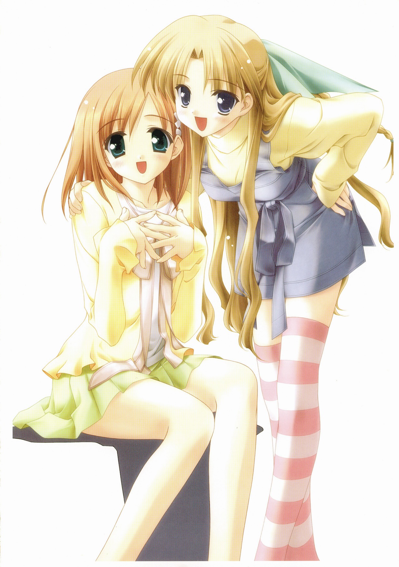 sakurazuka ren, tachibana amane, canvas, canvas (cocktail soft), canvas sepia iro no motif, hand on shoulder, striped legwear, highres, scan, scan artifacts, 00s, 2girls, bent over, blonde hair, hand on own hip, long hair, long sleeves, multiple girls, open mouth, sitting, striped clothes, striped thighhighs, thighhighs, very long hair, zettai ryouiki