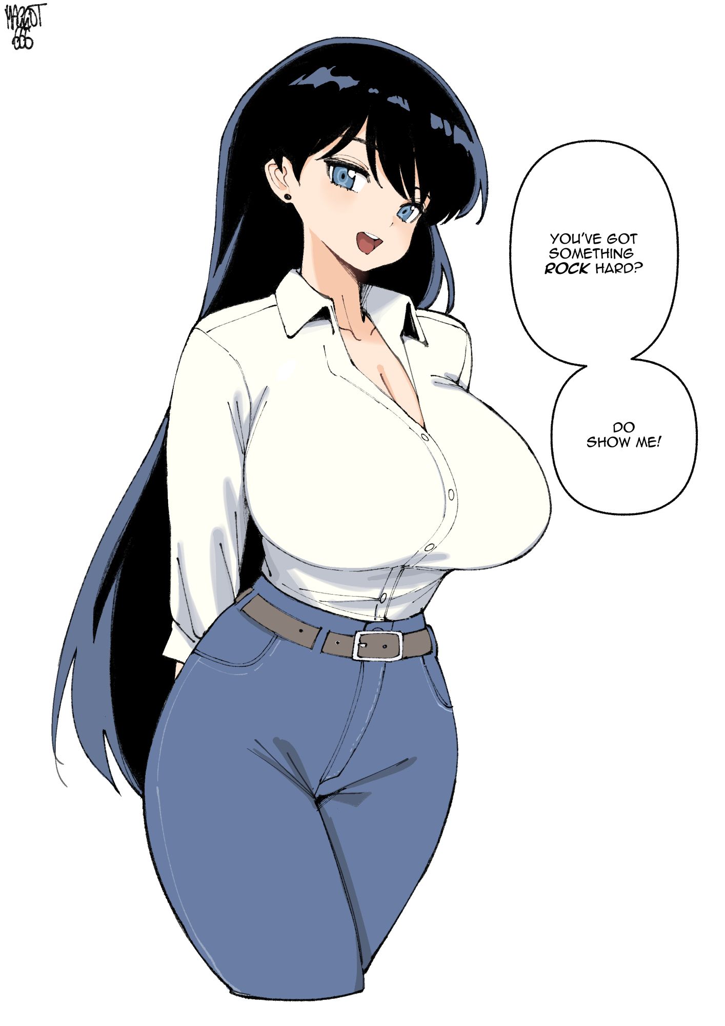 norman maggot, arato nagi, ruri no houseki, highres, 1girl, arms behind back, black hair, blue eyes, blue pants, breasts, cleavage, collarbone, collared shirt, denim, earrings, huge breasts, jeans, jewelry, long hair, looking at viewer, open mouth, pants, shirt, sleeves rolled up, solo, white shirt