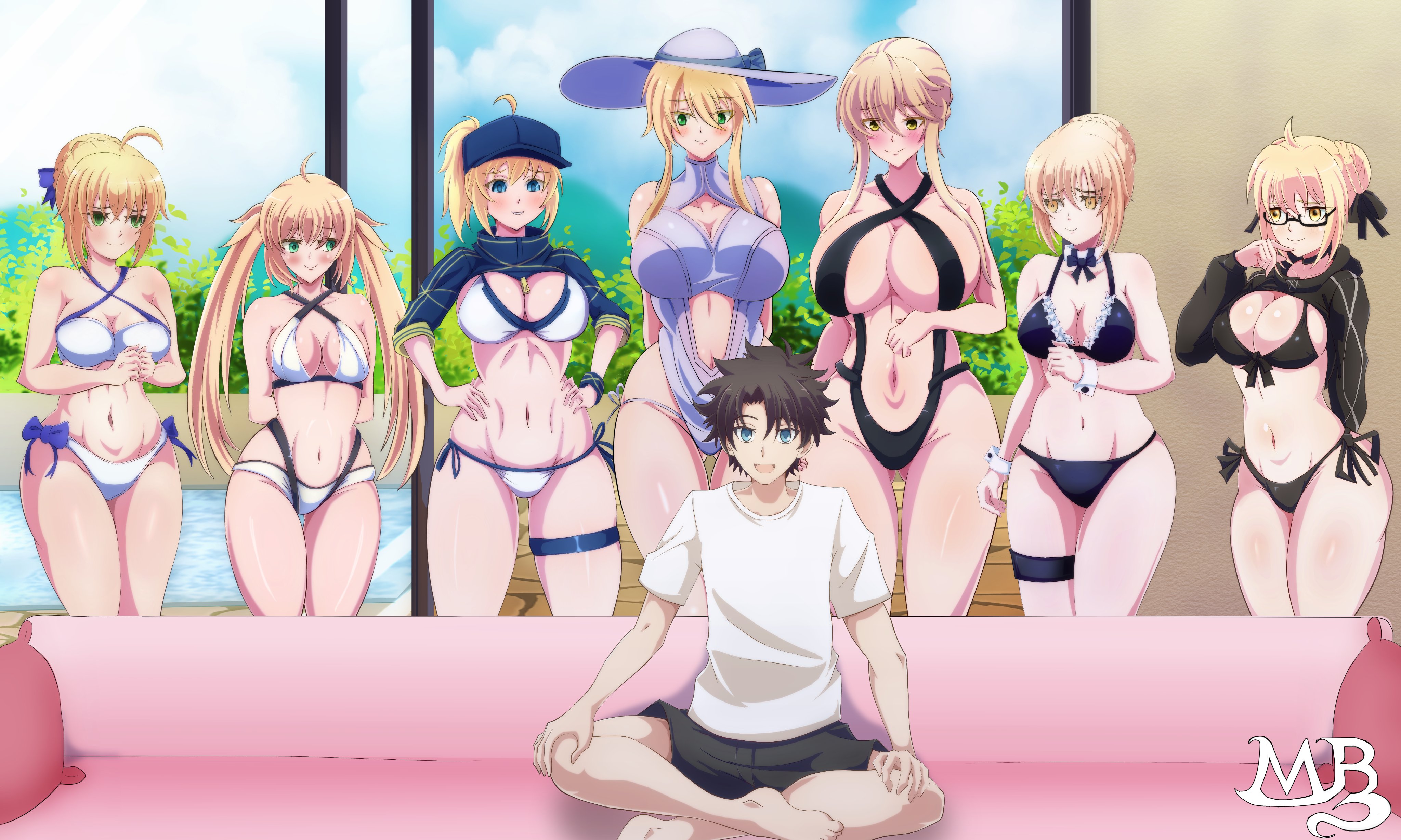 artoria caster (fate), artoria caster (swimsuit berserker) (fate), artoria caster (swimsuit berserker) (first ascension) (fate), artoria pendragon (fate), artoria pendragon (lancer alter) (fate), artoria pendragon (swimsuit archer) (fate), artoria pendragon (swimsuit archer) (first ascension) (fate), artoria pendragon (swimsuit ruler) (fate), artoria pendragon (swimsuit ruler) (second ascension) (fate), fujimaru ritsuka (male), mysterious heroine xx (fate), mysterious heroine xx alter (fate), saber alter, saber alter (swimsuit rider), saber alter (swimsuit rider) (second ascension), fate/grand order, fate (series), absurdres, artist request, highres, beach house, black hair, blonde hair, breasts, clone harem, couch, harem, large breasts, meme, piper perri surrounded (meme), pool, swimsuit