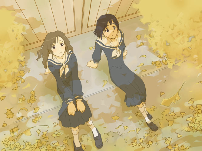 blackalpha, nijou noriko, toudou shimako, maria-sama ga miteru, white legwear, 00s, from above, lilianjogakuen, neckerchief, pleated skirt, school uniform, serafuku, sitting, skirt, socks, white neckerchief