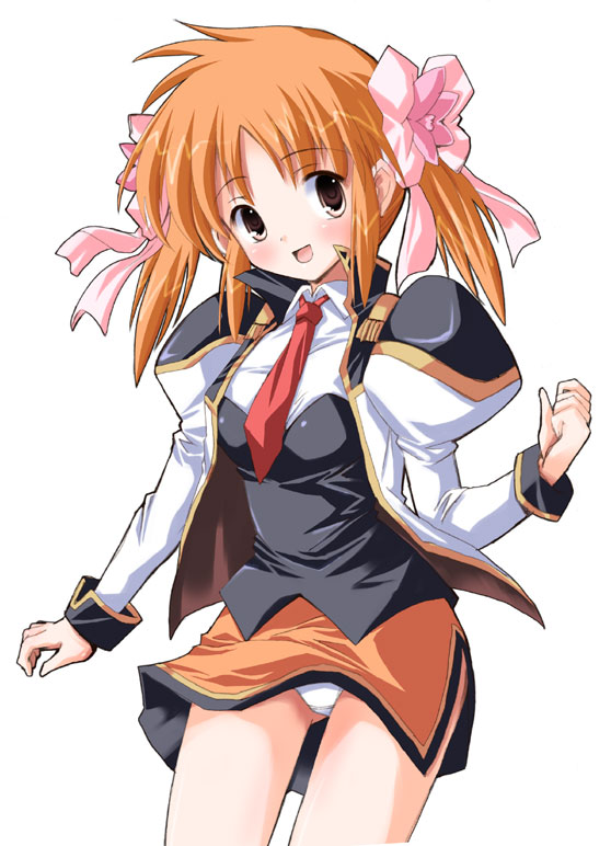 shinshin, apricot sakuraba, broccoli (company), galaxy angel, galaxy angel rune, uniform, 00s, 1girl, female focus, orange hair, orange skirt, panties, pantyshot, pencil skirt, short twintails, simple background, skirt, solo, standing, twintails, underwear, upskirt, white background, white panties