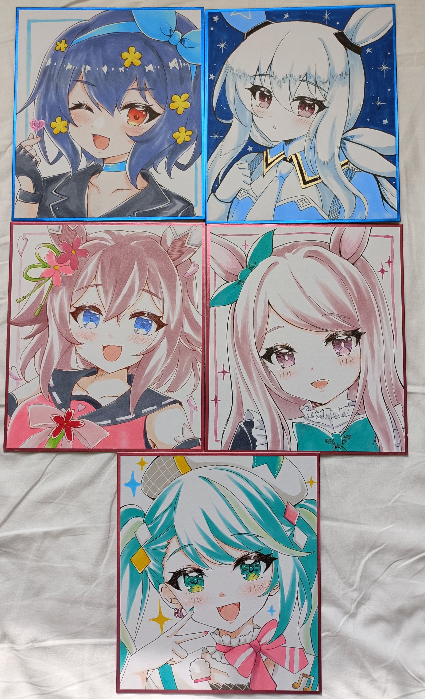 terimuku, admire vega (umamusume), hatsune miku, magical mirai miku, magical mirai miku (2024), mejiro mcqueen (umamusume), mizuno ai, sakura chiyono o (umamusume), magical mirai (vocaloid), umamusume, vocaloid, zombie land saga, commentary request, highres, photo (medium), traditional media, 5girls, :d, ;d, animal ears, black gloves, black hair, black jacket, black sailor collar, black shirt, blue choker, blue eyes, blue hair, blue jacket, bow, brown eyes, brown hair, choker, collarbone, collared jacket, collared shirt, ear ribbon, finger heart, fingerless gloves, flower, gloves, green bow, green eyes, green ribbon, hair between eyes, hair flower, hair ornament, horse ears, jacket, multiple girls, necktie, one eye closed, open mouth, pink shirt, purple eyes, purple hair, red eyes, ribbon, ribbon trim, sailor collar, shikishi, shirt, sleeveless, sleeveless shirt, smile, swept bangs, twintails, white necktie, yellow flower