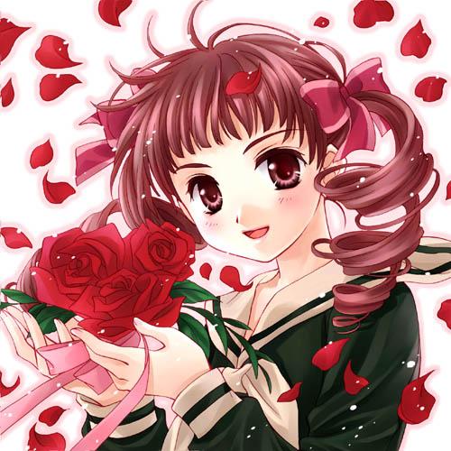 sato-pon, matsudaira touko, maria-sama ga miteru, lowres, 00s, 1girl, 2004, blush, bow, drill hair, female focus, flower, hair bow, hair ribbon, holding, looking at viewer, open mouth, petals, red eyes, red flower, red hair, red rose, ribbon, rose, rose petals, school uniform, serafuku, smile, solo, twintails, upper body