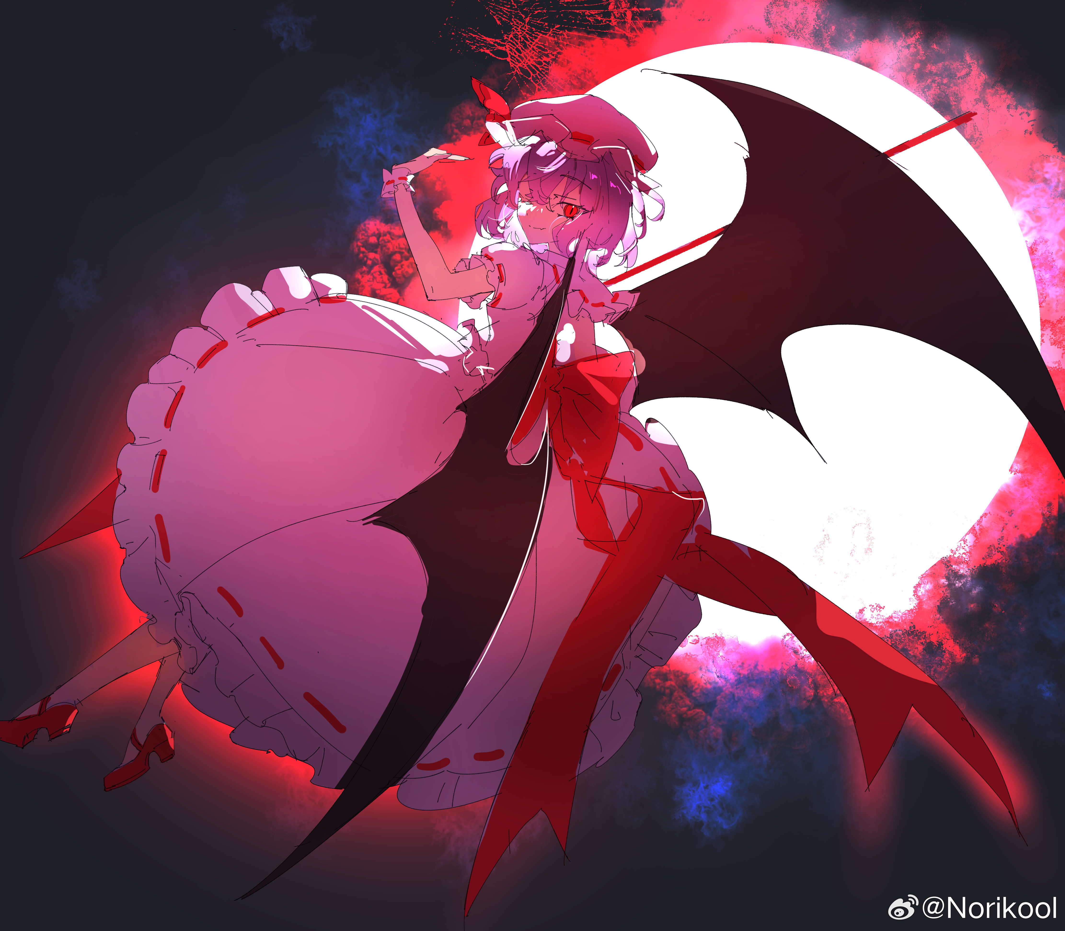a4ina, remilia scarlet, touhou, absurdres, highres, 1girl, back bow, bat wings, black wings, bow, closed mouth, collared shirt, flying, frilled shirt collar, frills, full body, hat, looking at viewer, mob cap, pink hat, pink shirt, pink skirt, puffy short sleeves, puffy sleeves, purple hair, red bow, red eyes, red shoes, ribbon-trimmed collar, ribbon-trimmed skirt, ribbon-trimmed sleeves, ribbon trim, shirt, shoes, short hair, short sleeves, skirt, solo, spear the gungnir, wings, wrist cuffs