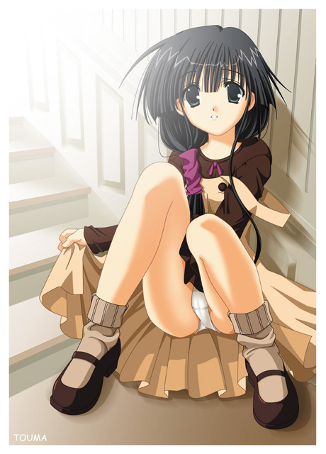 aikawa touma, hasebe aya, comic party, 00s, 1girl, black hair, blue eyes, female focus, long hair, long sleeves, looking at viewer, panties, pantyshot, sitting, socks, solo, stairs, strap slip, underwear, white panties