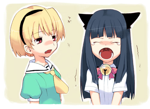 takenashi eri, furude rika, houjou satoko, higurashi no naku koro ni, lowres, 00s, 2girls, animal ears, bell, blonde hair, blue hair, blunt bangs, bow, cat ears, dress, hairband, hime cut, jingle bell, long hair, multiple girls, open mouth, red eyes, sailor dress, short hair, uvula, yawning