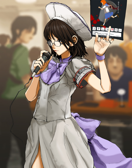 tomohi, ryuuguu rena, higurashi no naku koro ni, 1girl, blurry, brown hair, cosplay, depth of field, glasses, microphone, ryuuguu rena (cosplay), short sleeves, solo focus