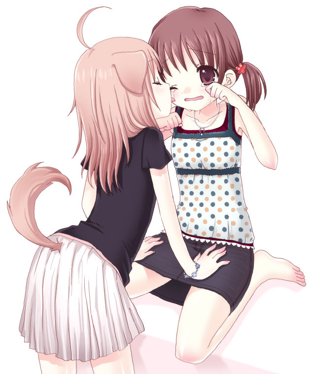 yui (spica), original, 2girls, ahoge, animal ears, dog ears, kodomo doushi, licking, licking tears, multiple girls, polka dot, polka dot shirt, shirt, tail, tears