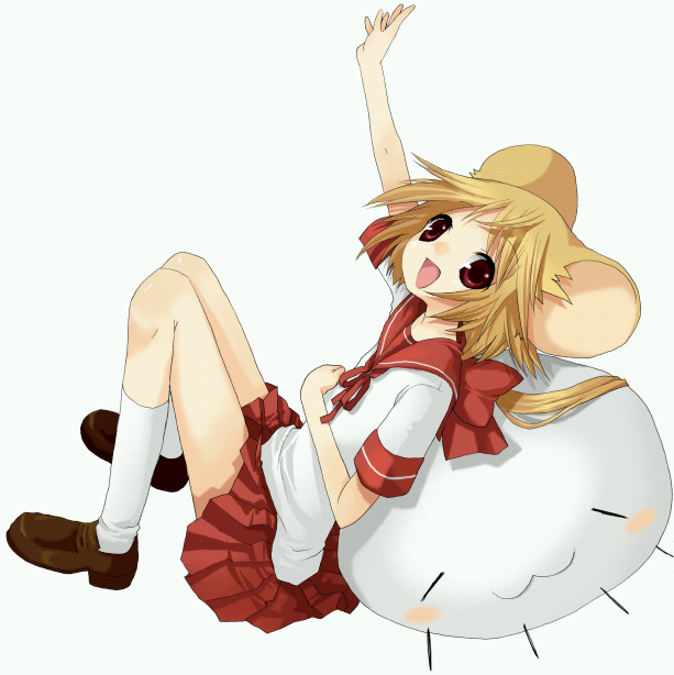 namori, namori (fictional persona), original, 1girl, :3, animal ears, arm up, blonde hair, female focus, hand up, kneehighs, leaning back, mouse ears, open mouth, outstretched arm, pleated skirt, red eyes, school uniform, serafuku, sitting, skirt, smile, socks, solo, white socks