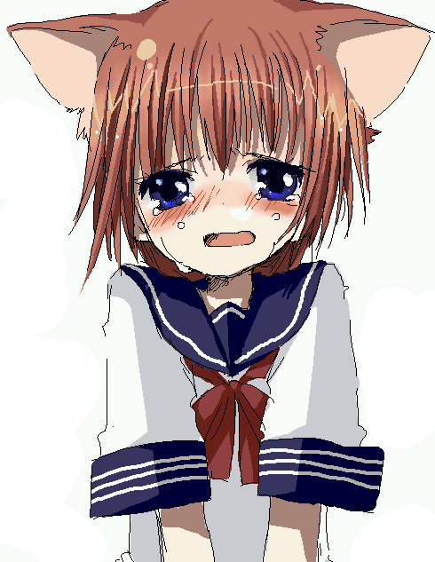 namori, original, 1girl, animal ears, blouse, blue eyes, bow, bowtie, brown hair, cat ears, cat girl, crying, crying with eyes open, female focus, hair between eyes, oekaki, open mouth, red bow, red bowtie, school uniform, serafuku, shirt, simple background, solo, tears, upper body, wavy mouth, white background, white shirt