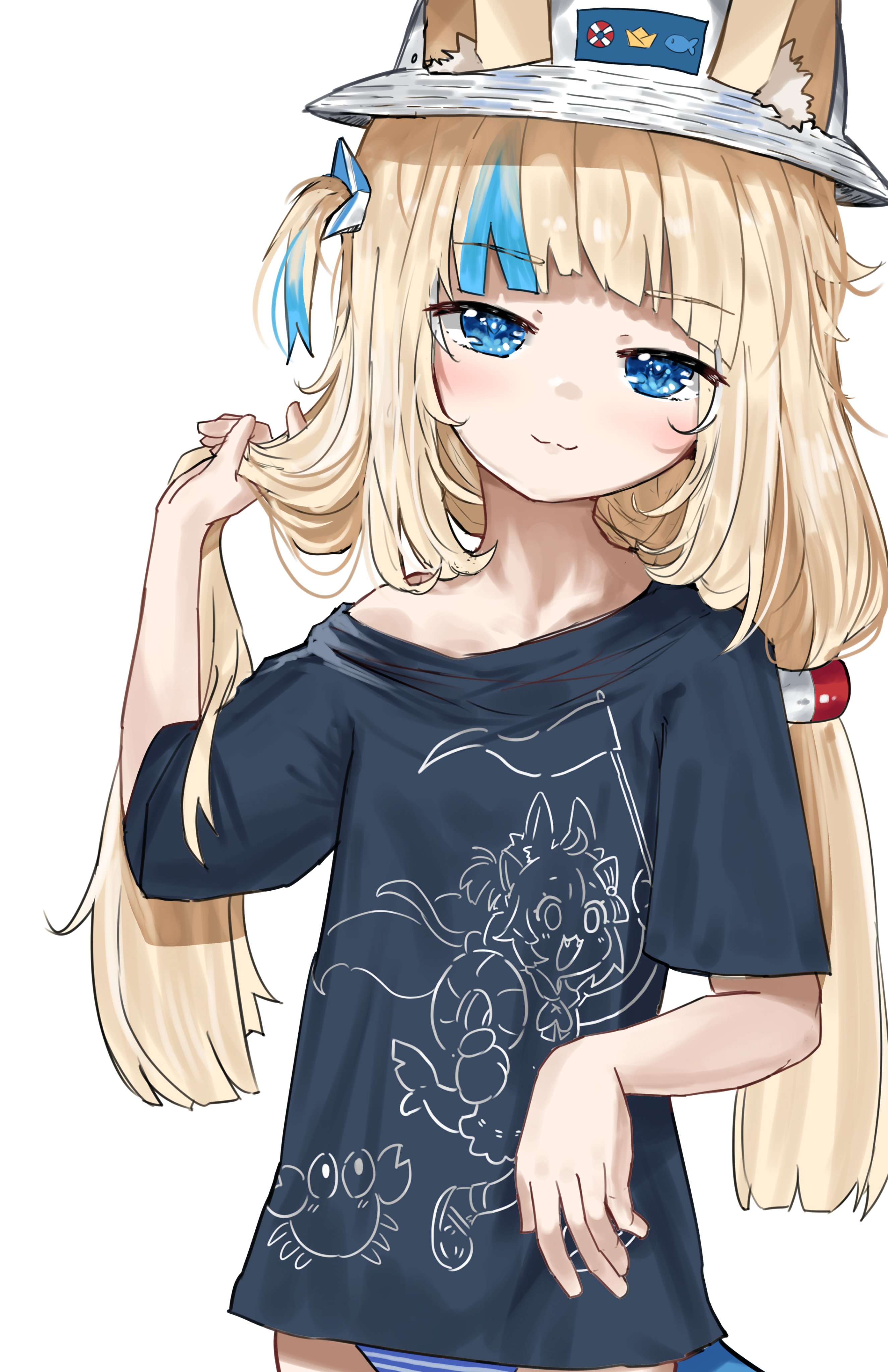 advarcher, sameko saba, indie virtual youtuber, absurdres, commentary, english commentary, highres, animal ear fluff, animal ears, blonde hair, blue eyes, blue shirt, blue streaks, closed mouth, cowboy shot, hand up, hat, holding, holding own hair, long hair, looking at viewer, low-tied long hair, multicolored hair, no pants, off-shoulder shirt, off shoulder, one side up, panties, print shirt, shirt, short sleeves, simple background, smile, split mouth, standing, streaked hair, striped clothes, striped panties, underwear, virtual youtuber, white background, white hat