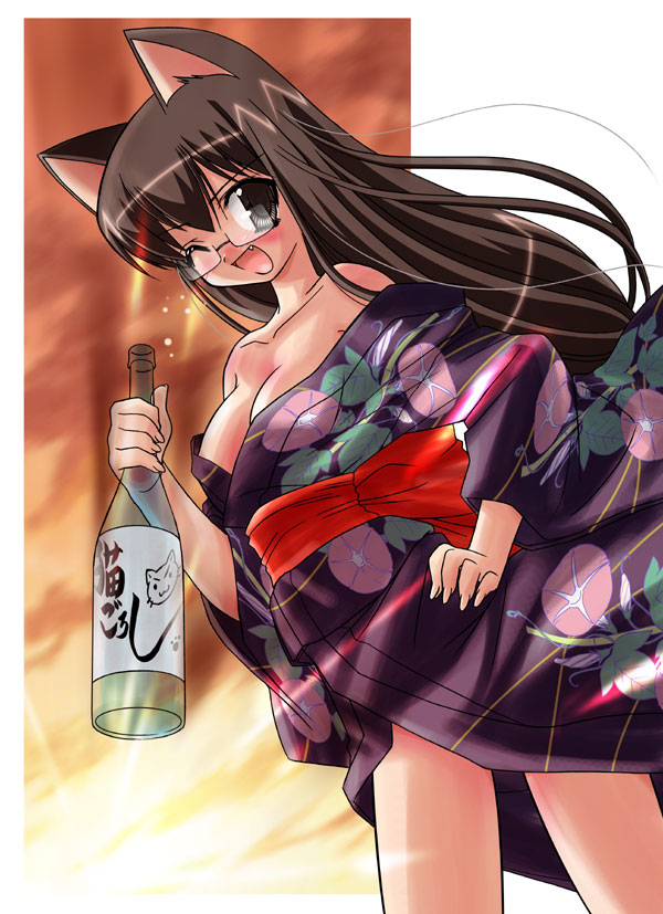 sata (sat), original, 1girl, alcohol, animal ears, bare shoulders, black eyes, black hair, blush, bottle, breasts, cat ears, cat girl, cleavage, drunk, fang, female focus, glasses, hand on own hip, hip focus, japanese clothes, kimono, large breasts, long hair, obi, off shoulder, one eye closed, sake, sash, solo, wink