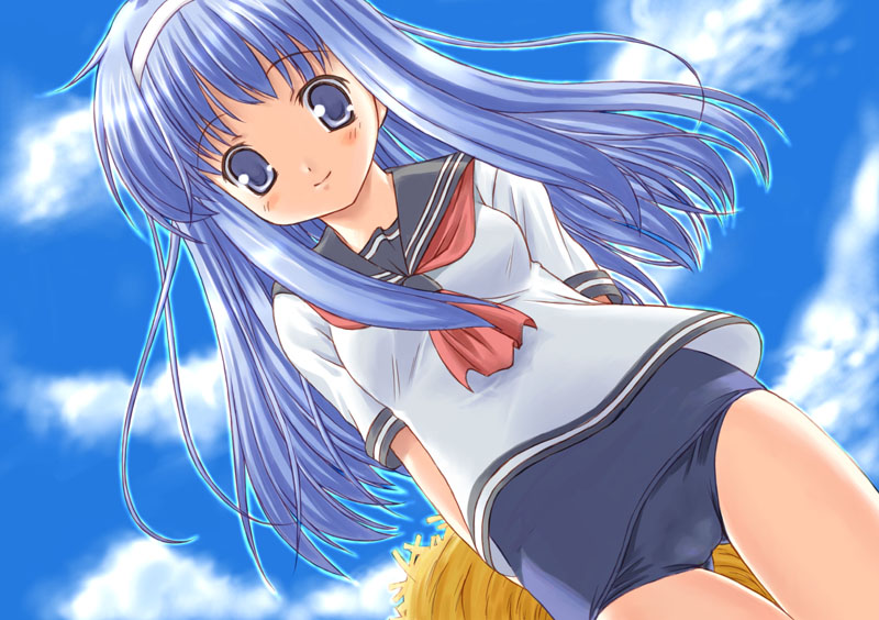 figo, takayashiki matsuri, kazoku keikaku, 1girl, arms behind back, blue eyes, blue hair, cameltoe, cloud, day, dutch angle, female focus, from below, hairband, loli, long hair, looking at viewer, looking down, matching hair/eyes, no pants, one-piece swimsuit, school swimsuit, school uniform, serafuku, sky, smile, solo, swimsuit, swimsuit under clothes