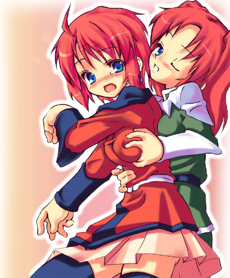lunamaria hawke, meyrin hawke, gundam, gundam seed, gundam seed destiny, 00s, 2girls, blush, breasts, female focus, grabbing another's breast, groping, incest, long sleeves, medium breasts, multiple girls, one eye closed, outline, siblings, sisters, thighhighs, yuri