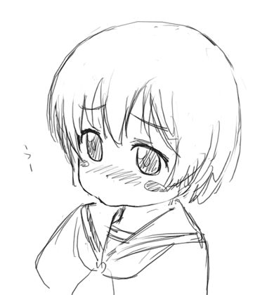 nagian, hitotsubashi yurie, kamichu!, lowres, 00s, :>, blush, greyscale, monochrome, school uniform, serafuku, simple background, sketch, solo, white background