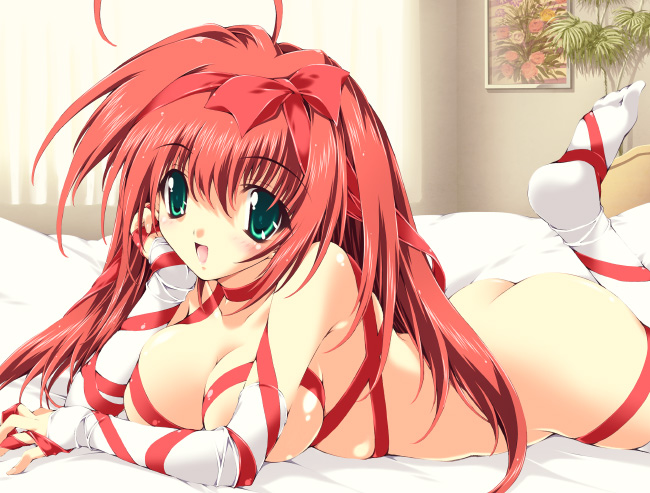 mitsuki mantarou, original, 1girl, ass, breasts, cleavage, elbow gloves, female focus, fingerless gloves, gloves, green eyes, large breasts, long hair, looking at viewer, lying, naked ribbon, nude, on stomach, open mouth, red hair, red ribbon, ribbon, socks, solo, thighhighs, white gloves, white socks, white thighhighs