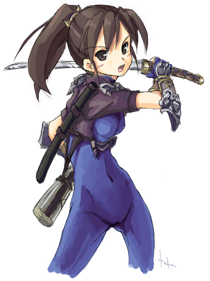akiyama nenehisa, taki (soulcalibur), soul calibur, soulcalibur, soulcalibur iii, 1girl, blue bodysuit, bodysuit, cowboy shot, female focus, holding, holding sword, holding weapon, katana, simple background, sketch, solo, sword, v-shaped eyebrows, weapon, white background
