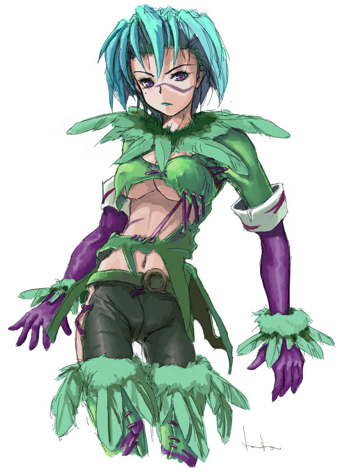 akiyama nenehisa, tira (soulcalibur), soul calibur, soulcalibur, soulcalibur iii, 1girl, aqua hair, belt, boots, bracelet, breasts, cleavage, cleavage cutout, clothing cutout, covered erect nipples, cowboy shot, cropped legs, elbow gloves, expressionless, facial tattoo, feathers, female focus, fur trim, gloves, green boots, green lips, green thighhighs, jewelry, lipstick, looking at viewer, makeup, medium breasts, midriff, mole, mole under eye, navel, no bra, pants, purple eyes, purple gloves, scar, short hair, signature, simple background, sketch, solo, standing, strap, tattoo, thigh boots, thighhighs, torn clothes, underboob, white background, wristband