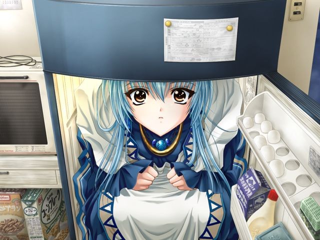 ichimiya masaki, raine (shitsuraku no kamijo), ikusa otome, shitsuraku no kamijo, game cg, non-web source, 1girl, blue hair, egg, female focus, in container, in refrigerator, jewelry, long hair, maid, microwave, milk, necklace, refrigerator, sitting, solo, surprised, yellow eyes