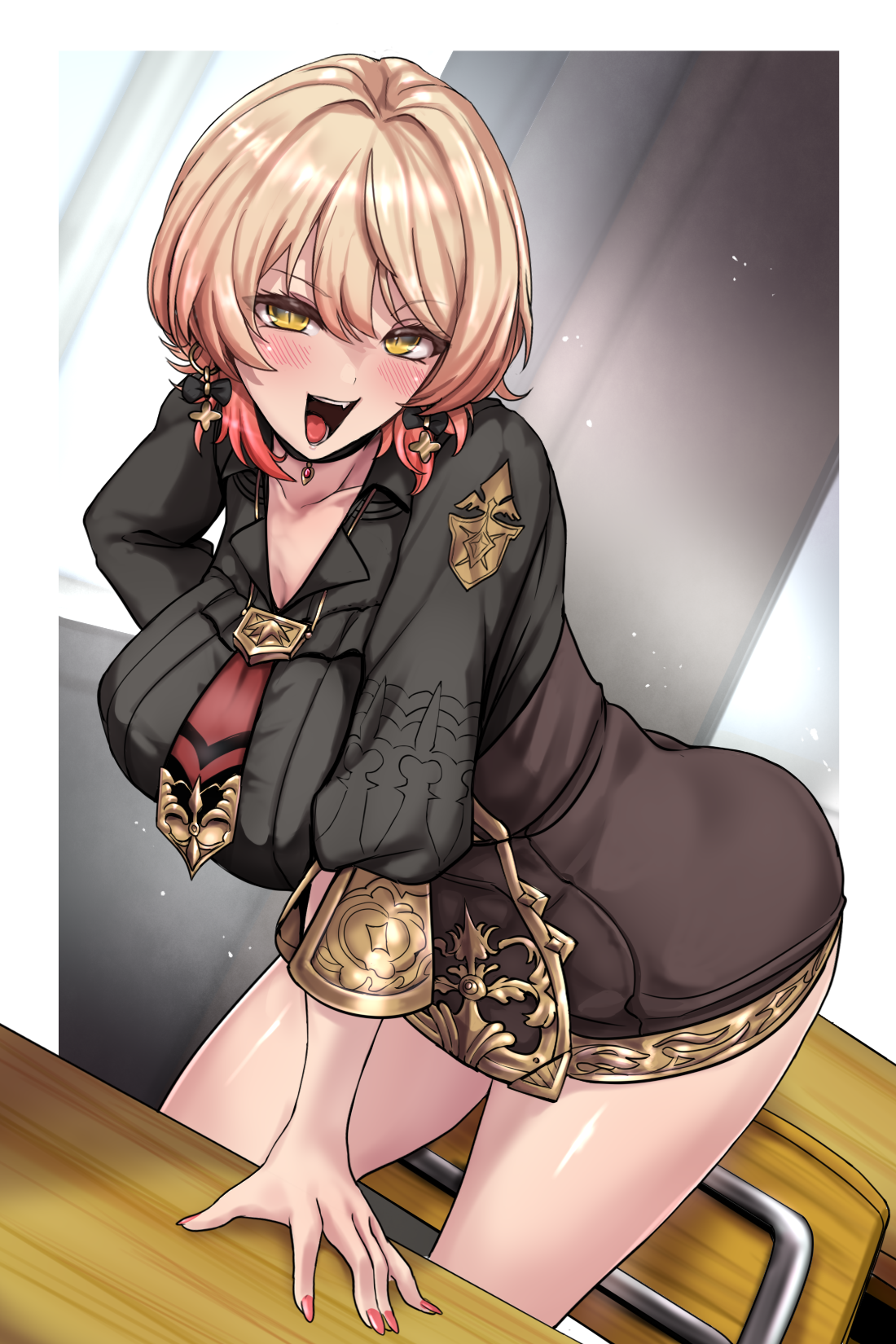 yaruku, nui sociere, nijisanji, commentary request, highres, large variant set, variant set, 1girl, :d, bent over, black bow, black shirt, black skirt, blonde hair, bow, bow earrings, breasts, collarbone, earrings, gradient hair, hand on own hip, jewelry, large breasts, long sleeves, multicolored hair, open mouth, pencil skirt, shirt, skirt, smile, solo, standing, star (symbol), star earrings, teeth, thighs, tongue, upper teeth only, virtual youtuber