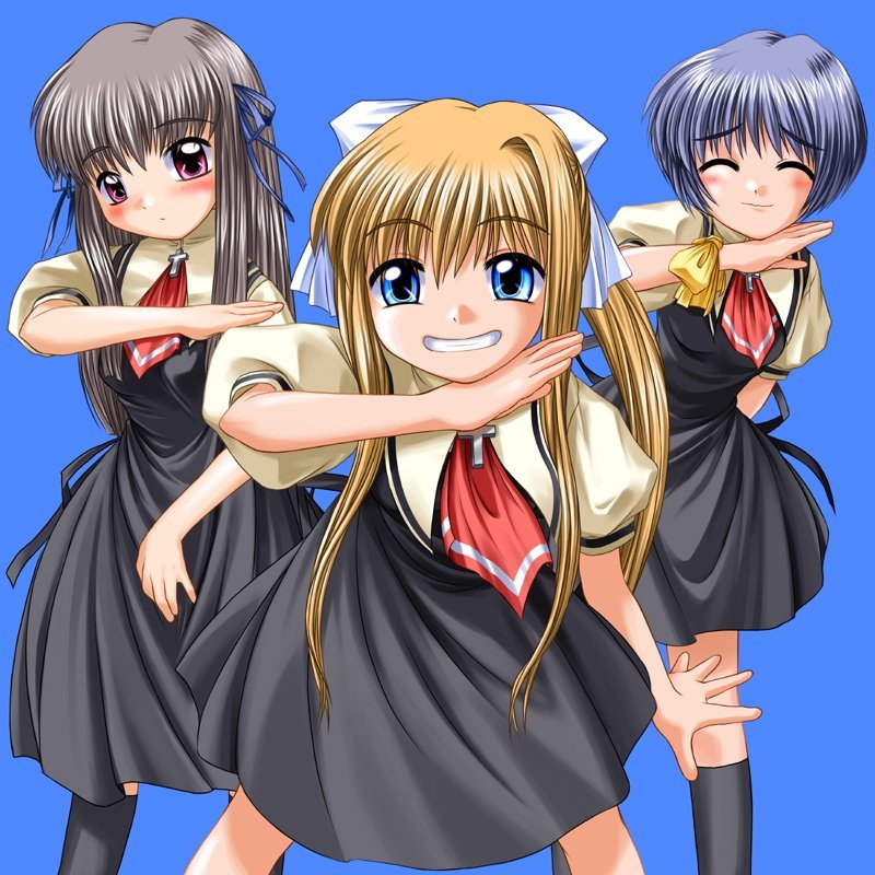 bosshi, kamio misuzu, kirishima kano, toono minagi, air (visual novel), 00s, 3girls, black socks, blonde hair, blue eyes, blue hair, blush, closed eyes, cross, grey hair, grin, hair ribbon, kneehighs, latin cross, long hair, multiple girls, ponytail, purple eyes, ribbon, school uniform, serafuku, short hair, smile, socks, thighhighs