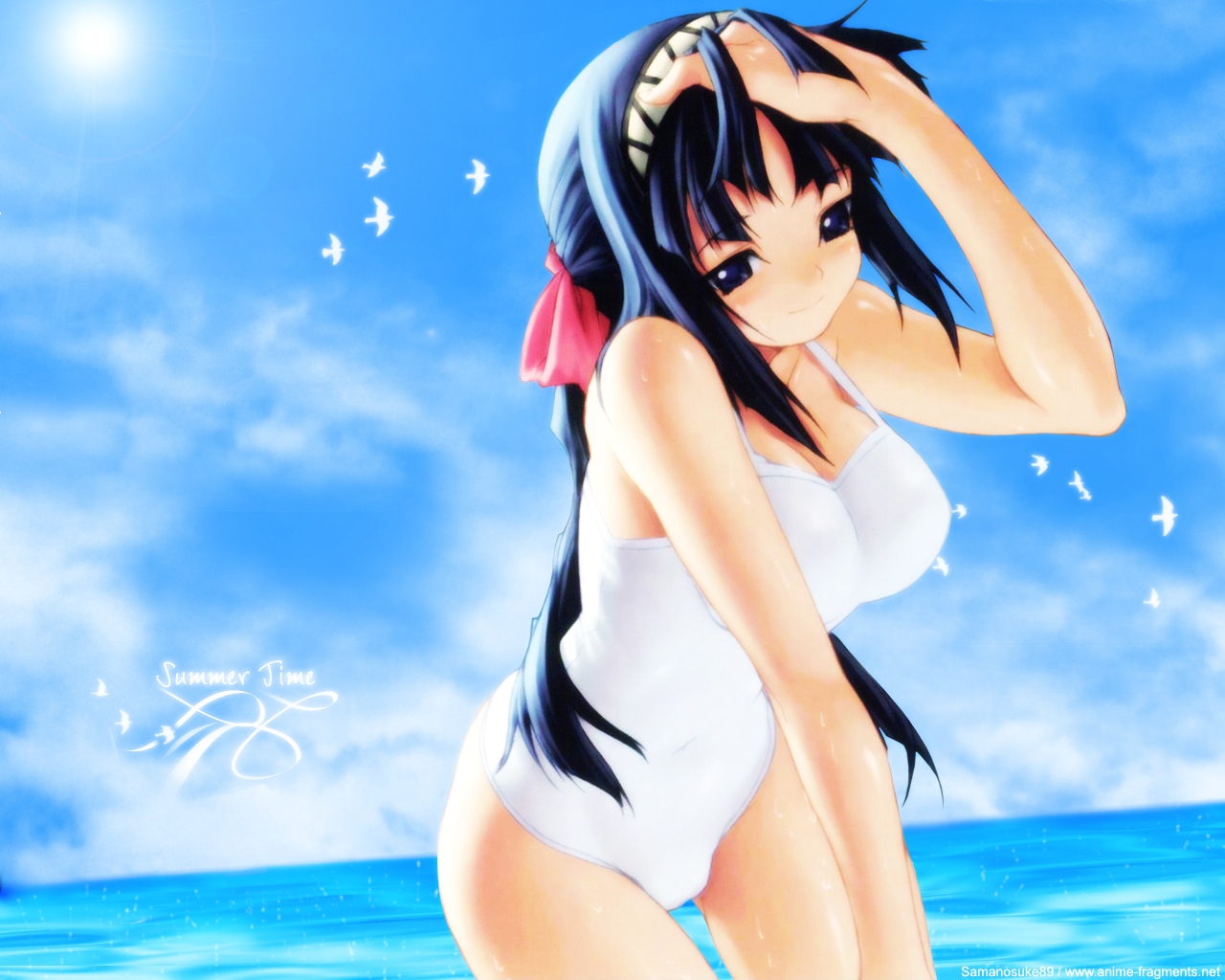 kawata hisashi, tasogare, kuwashima takako, 1girl, adjusting hair, arm up, beach, bird, black hair, blue eyes, blue hair, breasts, casual one-piece swimsuit, cleavage, cloud, covered navel, day, female focus, hairband, large breasts, leaning forward, long hair, matching hair/eyes, ocean, one-piece swimsuit, outdoors, sky, smile, solo, sun, swimsuit, wading, water, wet, white one-piece swimsuit, white theme