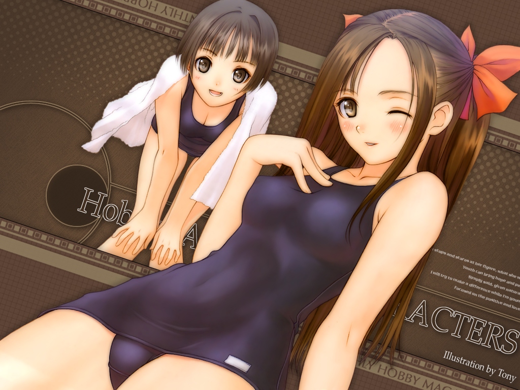 tony taka, tagme, black one-piece swimsuit, one-piece swimsuit, ribbon, school swimsuit, swimsuit, towel