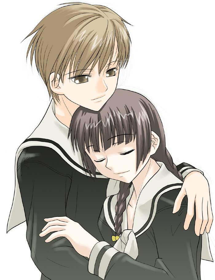 hasekura rei, shimazu yoshino, maria-sama ga miteru, 00s, 2girls, braid, closed eyes, hug, multiple girls, school uniform, serafuku, simple background, white background