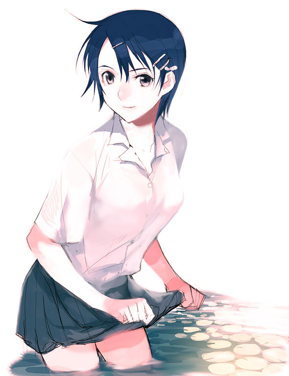 miyama waka, original, 1girl, clothes lift, female focus, hair ornament, hairclip, looking at viewer, pleated skirt, short hair, skirt, skirt hold, skirt lift, smile, solo, wading, water