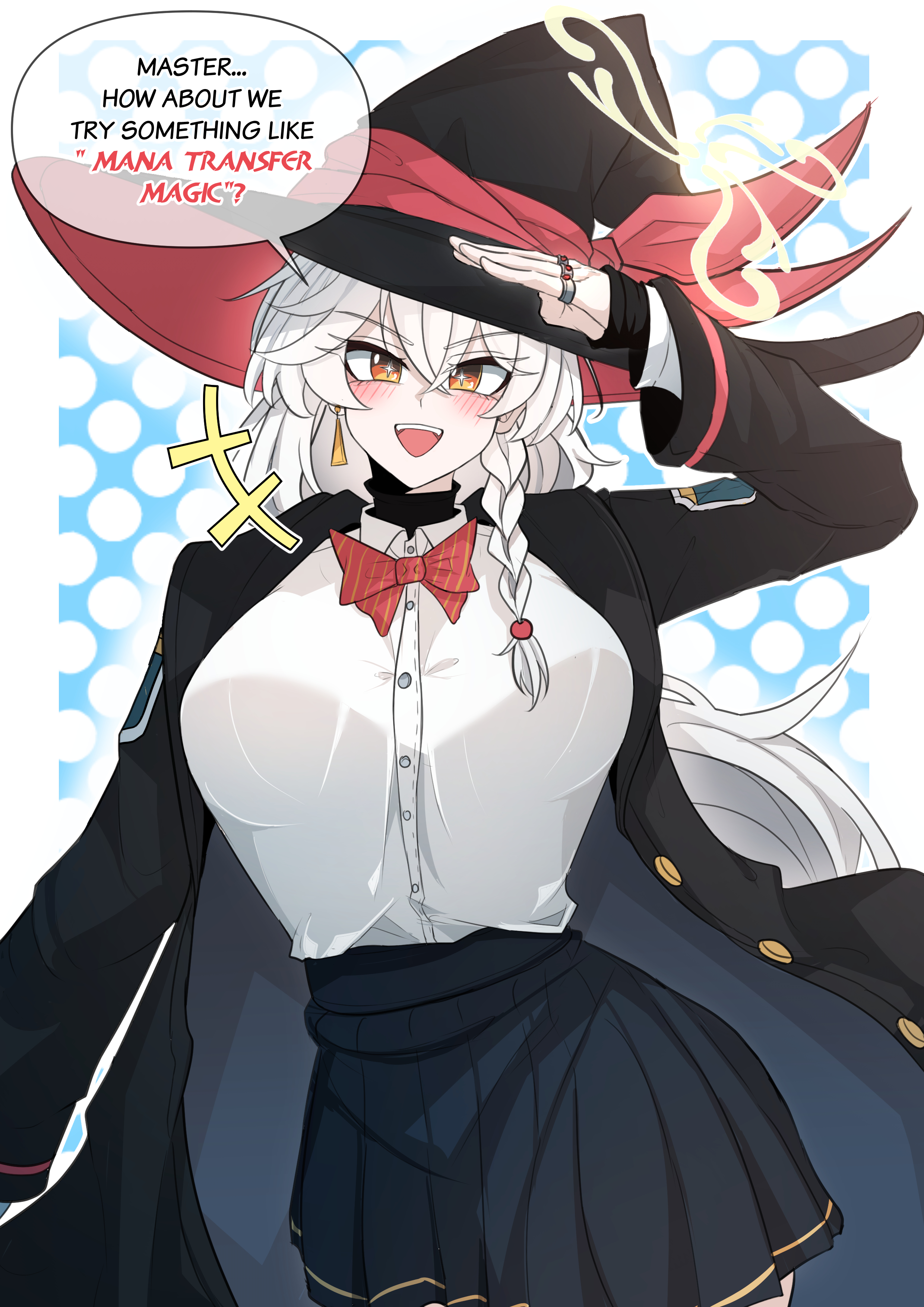 nort muhehehe, eri (blue archive), blue archive, bow, bowtie, braid, breasts, earrings, english text, halo, hat, jacket, jewelry, large breasts, long coat, long hair, orange eyes, ring, shirt, skirt, speech bubble, sweater, white hair, witch hat