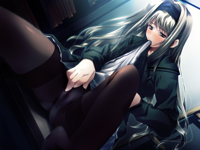 sugina miki, ayasaki takako, cartagra, game cg, 1girl, blush, clothed masturbation, clothes lift, female focus, female masturbation, grey hair, hairband, long hair, masturbation, masturbation through clothes, mouth hold, panties, panties under pantyhose, pantyhose, school uniform, serafuku, skirt, skirt lift, solo, thighband pantyhose, thighs, underwear, upskirt