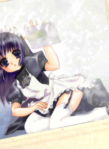 julian, alice (ragnarok online), ragnarok online, 1girl, apron, blue eyes, bonnet, cleaning, dutch angle, female focus, garter belt, garter straps, kneeling, lingerie, long hair, looking at viewer, maid, maid apron, maid headdress, purple hair, sitting, solo, thighhighs, underwear, white thighhighs, window